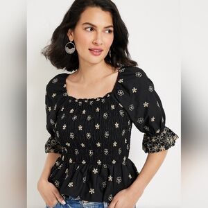 Edgely Embroidered Smocked Peplum Cotton Top Size XXL EUC